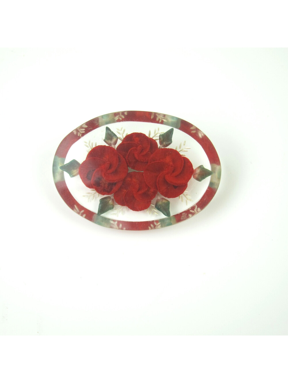 Vintage Red Flowers Pin Brooch 2" Clear Lucite Reg & Green Floral Oval Shaped